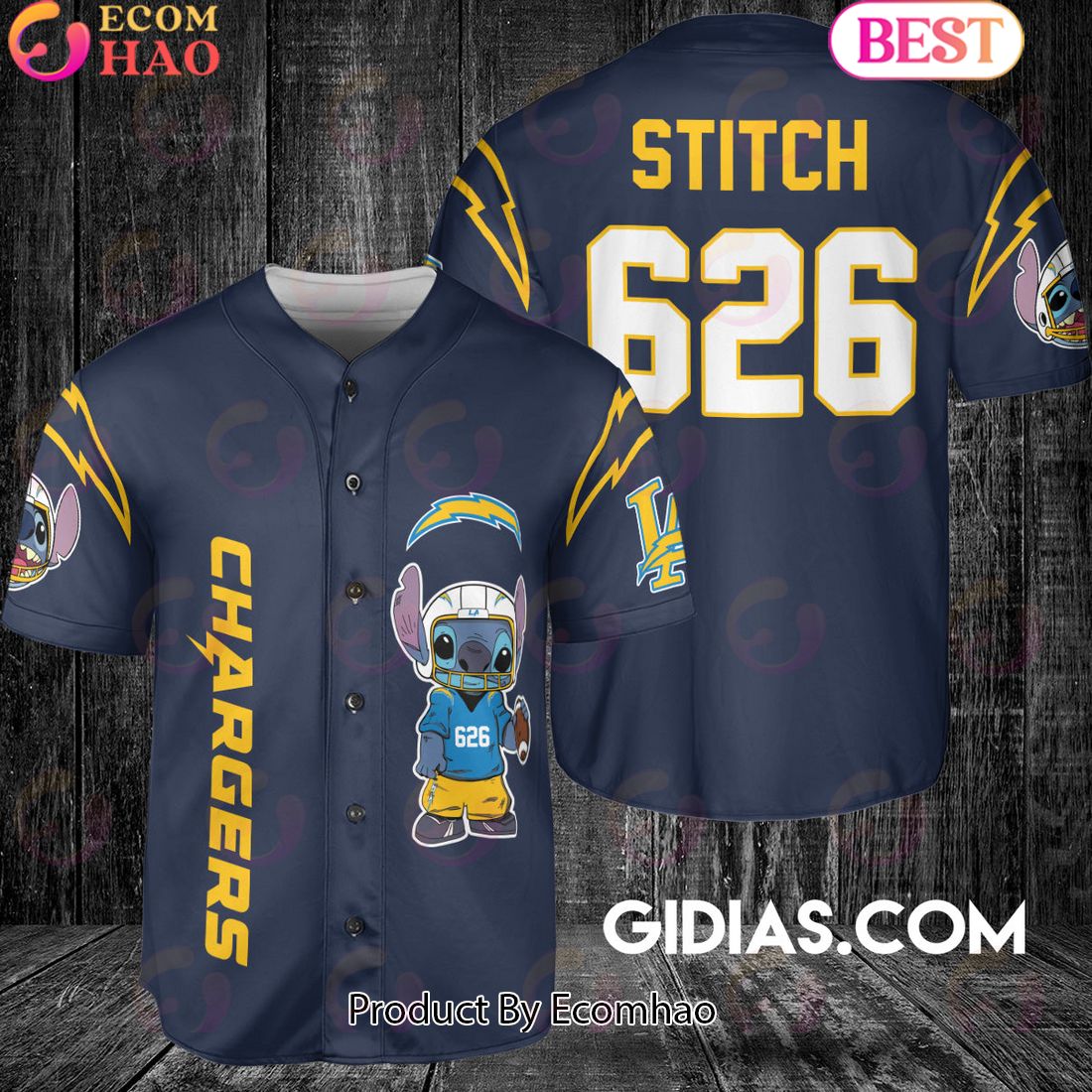 Los Angeles Chargers Lilo And Stitch Baseball Jersey Navy