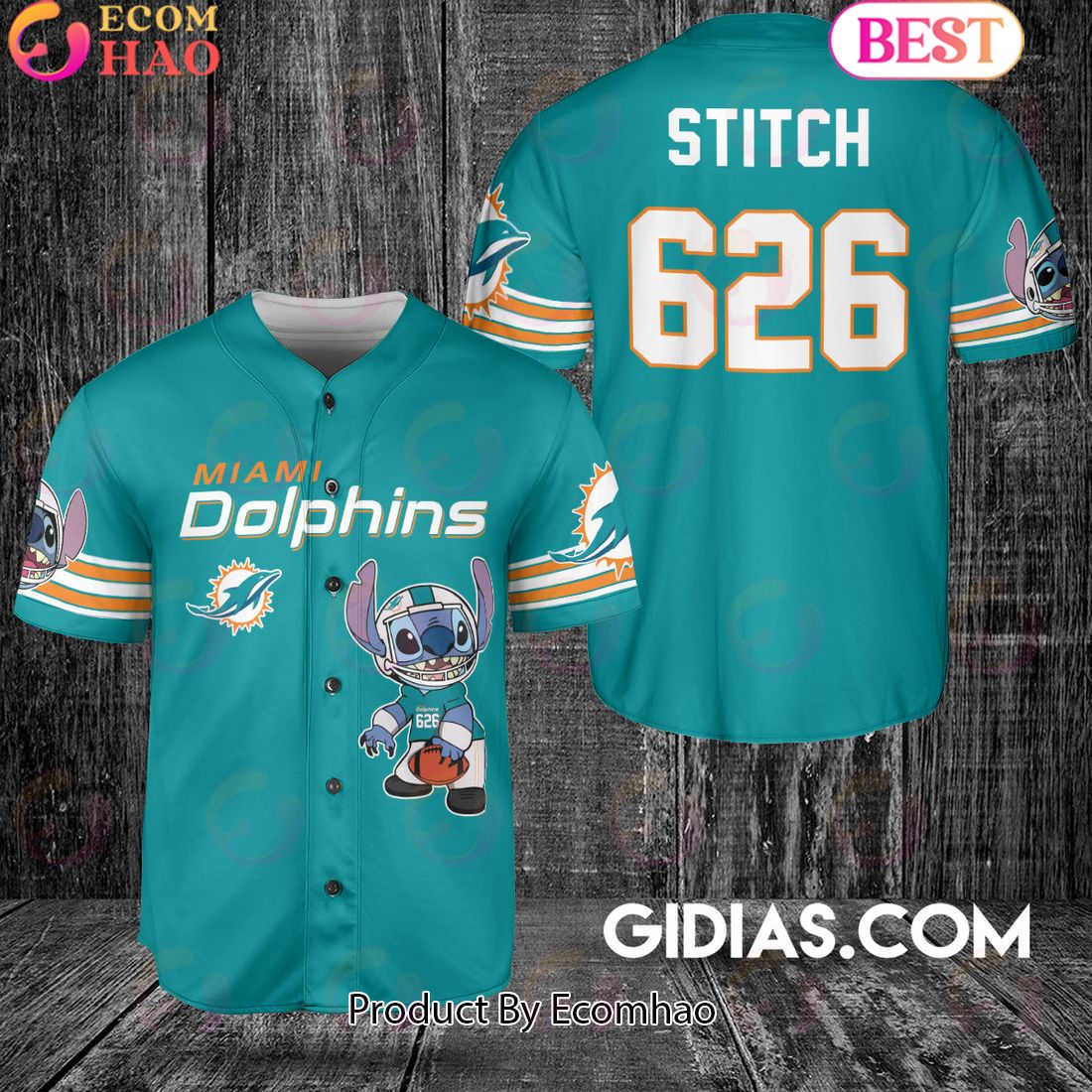 Miami Dolphins Lilo And Stitch Baseball Jersey Teal