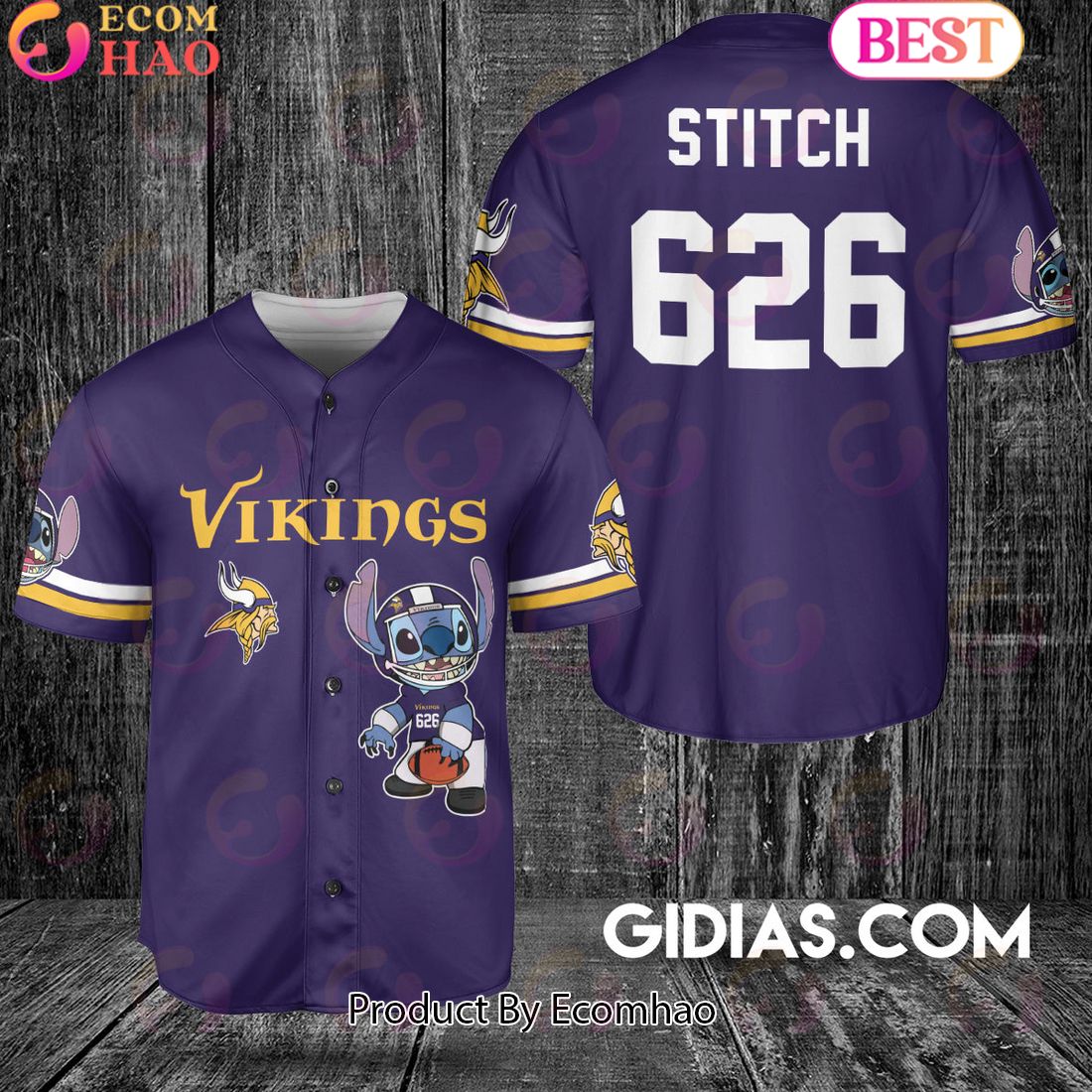 Minnesota Vikings Lilo And Stitch Baseball Jersey Violet