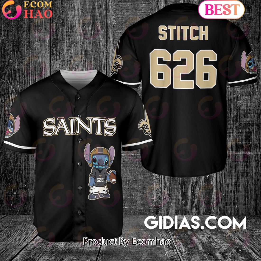 New Orleans Saints Lilo And Stitch Baseball Jersey Black