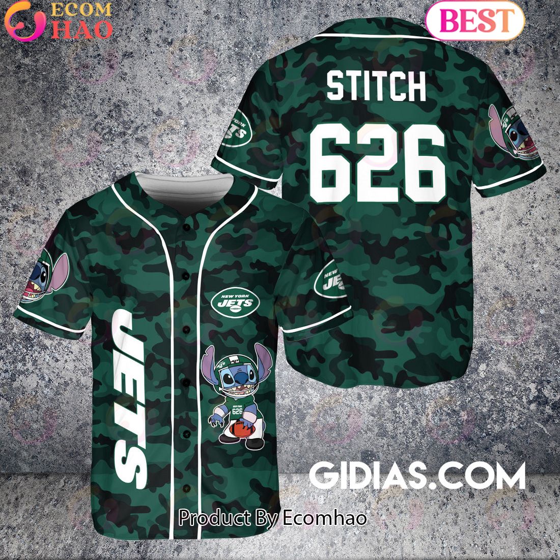 New York Jets Lilo And Stitch Baseball Jersey Forest Green Camouflage