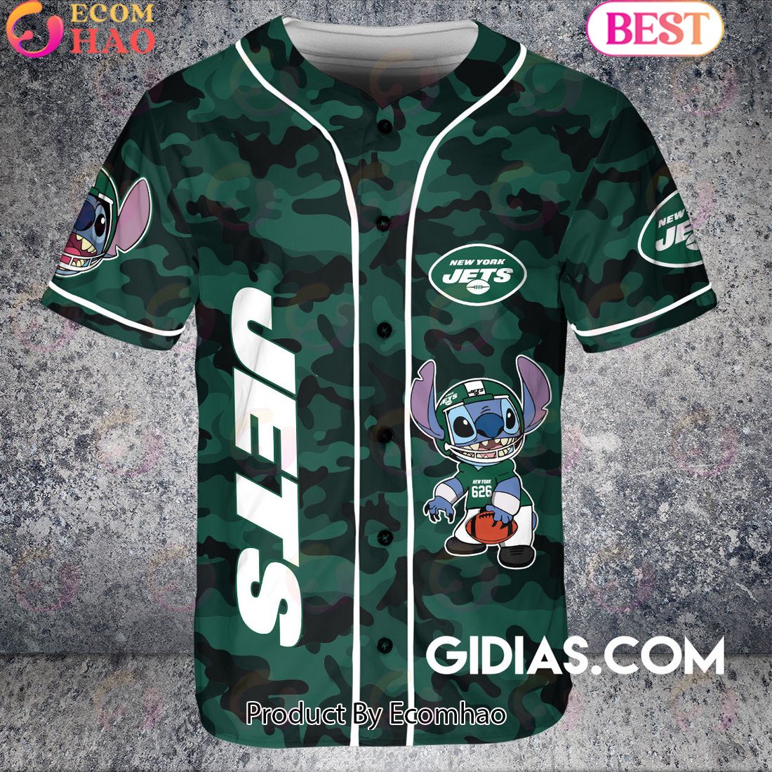 New York Jets Lilo And Stitch Baseball Jersey Forest Green Camouflage