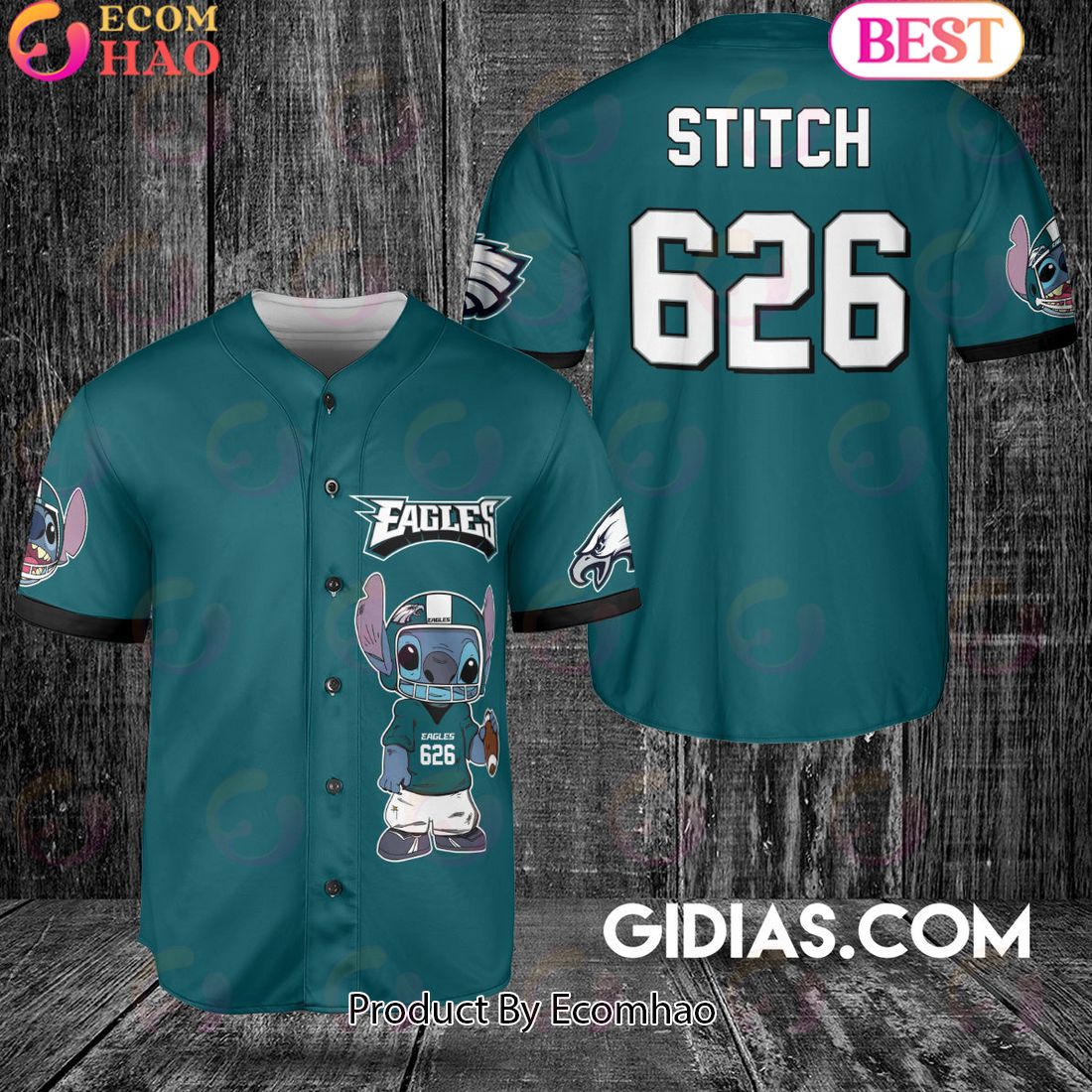 Philadelphia Eagles Lilo And Stitch Baseball Jersey Midnight Green