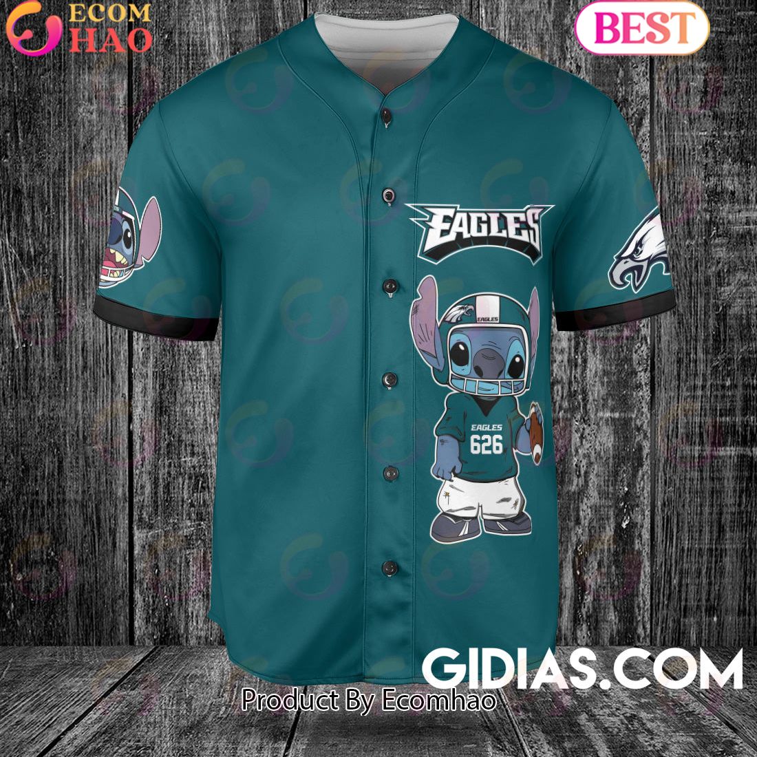 Philadelphia Eagles Lilo And Stitch Baseball Jersey Midnight Green