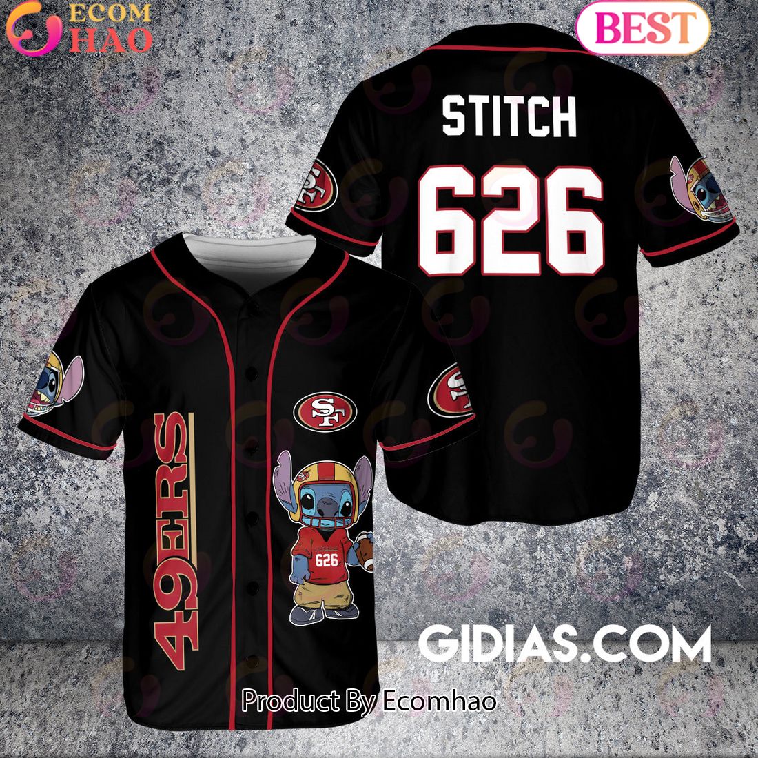 San Francisco 49ers Lilo And Stitch Baseball Jersey Black