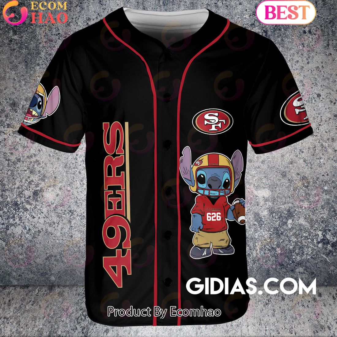 San Francisco 49ers Lilo And Stitch Baseball Jersey Black