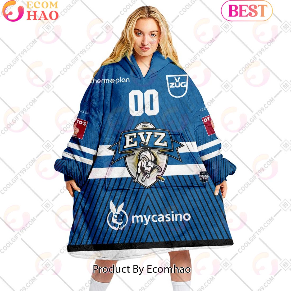 Personalized NL Hockey EV Zug Home jersey Style Oodie, Flanket, Blanket Hoodie, Snuggie