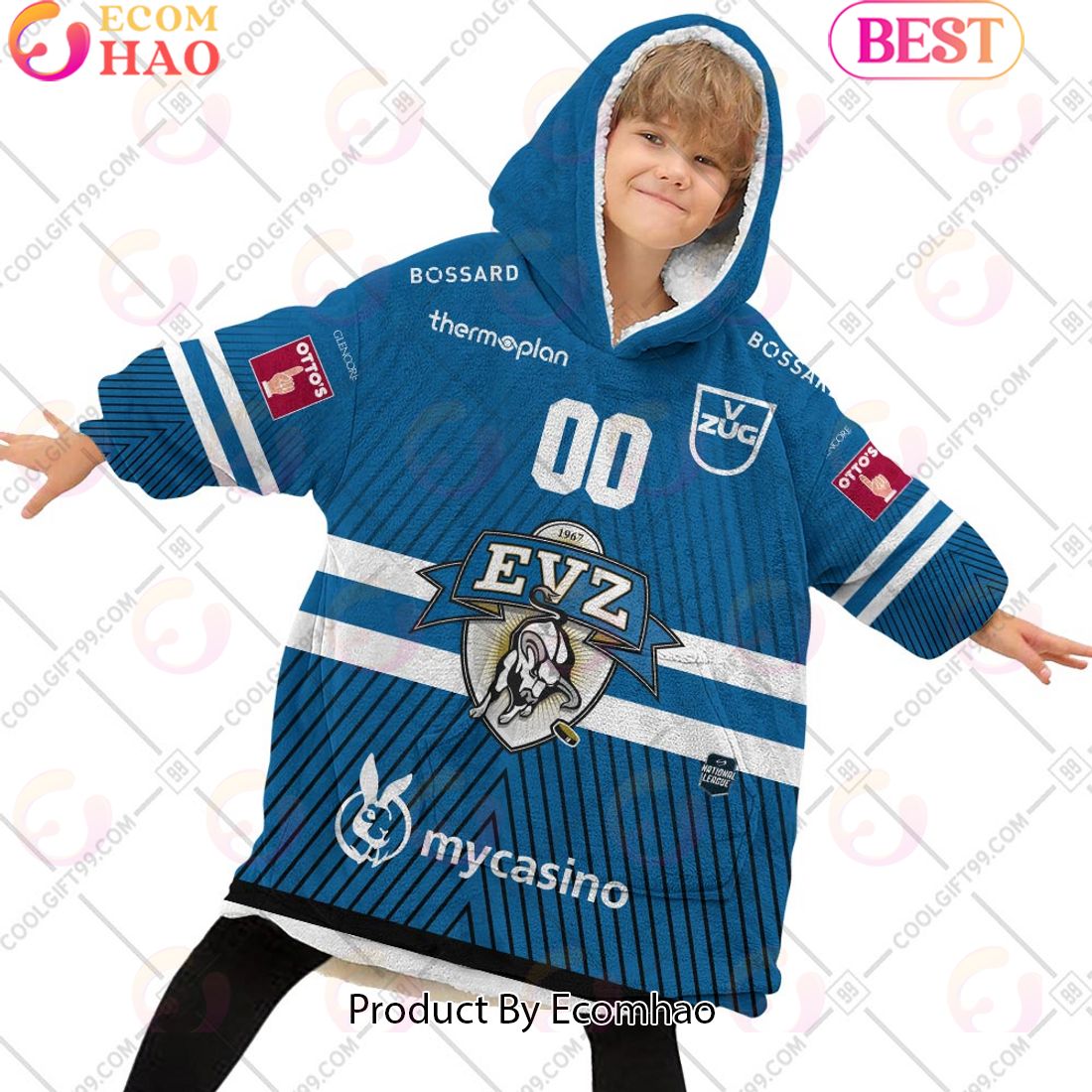 Personalized NL Hockey EV Zug Home jersey Style Oodie, Flanket, Blanket Hoodie, Snuggie