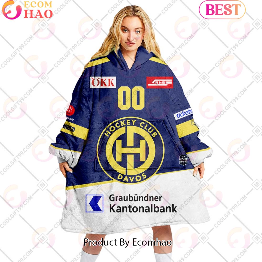 Personalized NL Hockey HC Davos Home jersey Style Oodie, Flanket, Blanket Hoodie, Snuggie