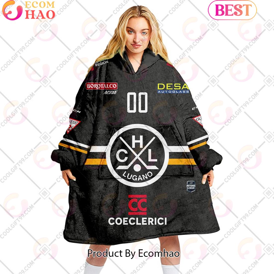 Personalized NL Hockey HC Lugano Home jersey Style Oodie, Flanket, Blanket Hoodie, Snuggie