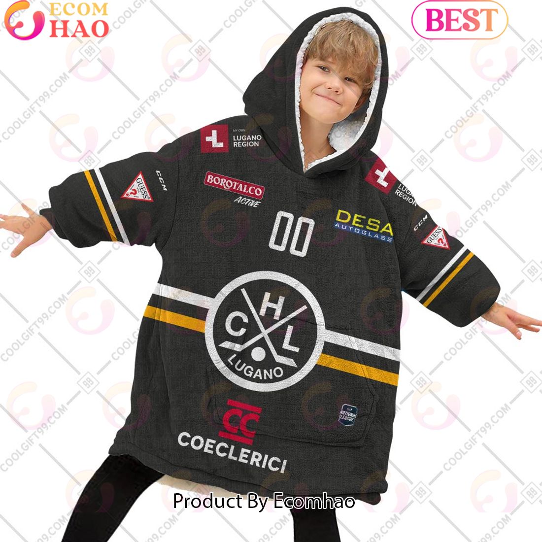 Personalized NL Hockey HC Lugano Home jersey Style Oodie, Flanket, Blanket Hoodie, Snuggie