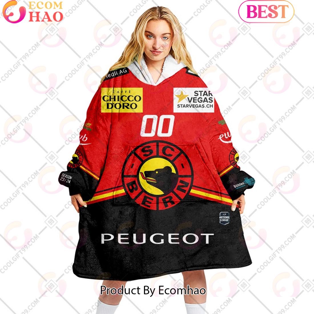 Personalized NL Hockey SC Bern Home jersey Style Oodie, Flanket, Blanket Hoodie, Snuggie