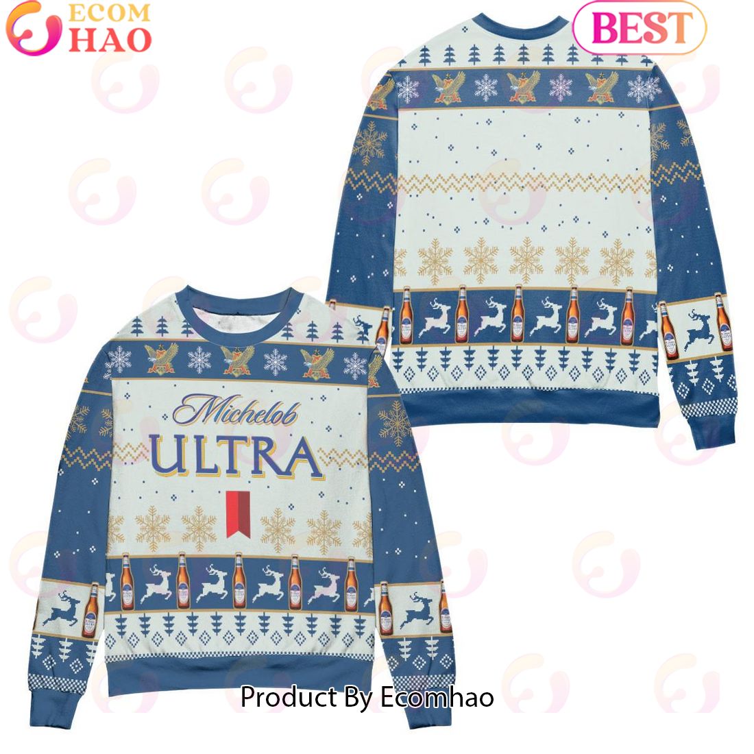 Michelob ULTRA Snowflake Reindeer Pattern Ugly Christmas Sweater – All Over Print 3D Sweater