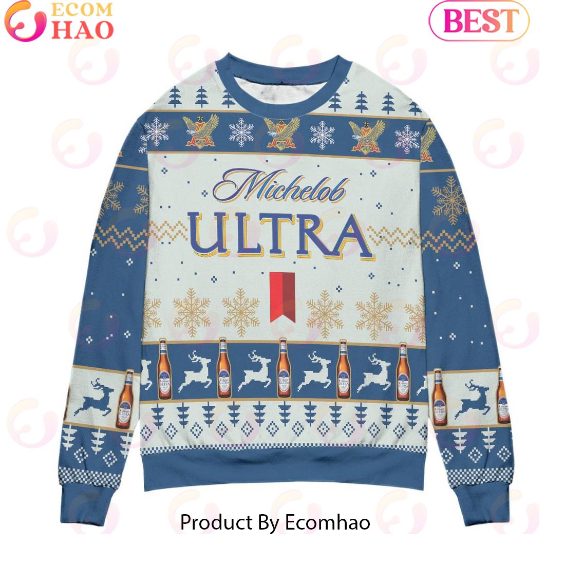 Michelob ULTRA Snowflake Reindeer Pattern Ugly Christmas Sweater – All Over Print 3D Sweater