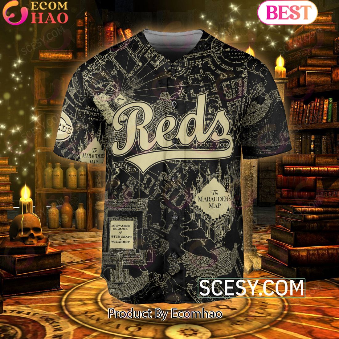 Cincinnati Reds Harry Potter Marauder’s Map Baseball Jersey Black