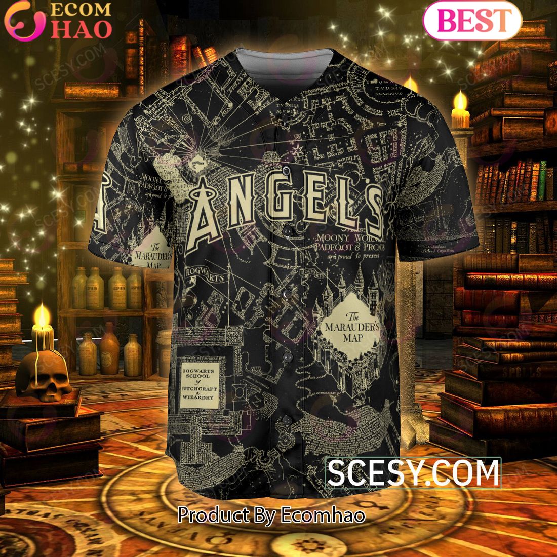 Los Angeles Angels Harry Potter Marauder’s Map Baseball Jersey Black