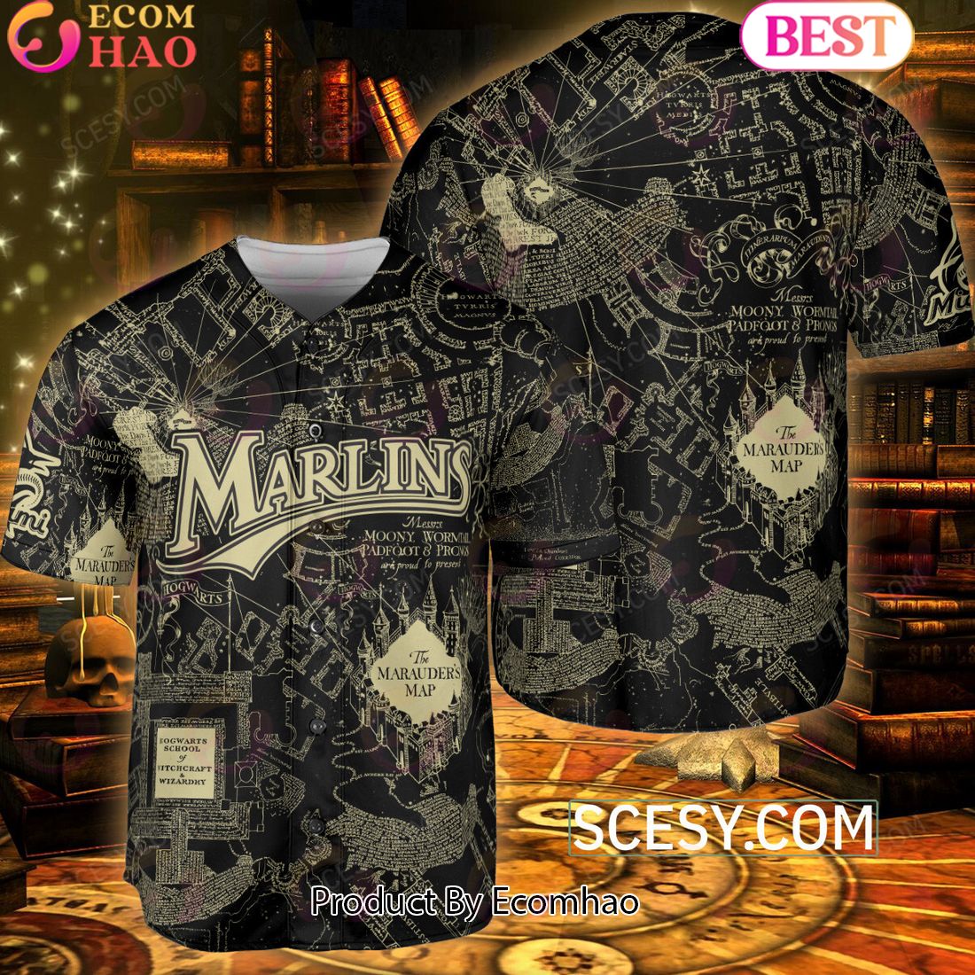 Miami Marlins Harry Potter Marauder’s Map Baseball Jersey Black