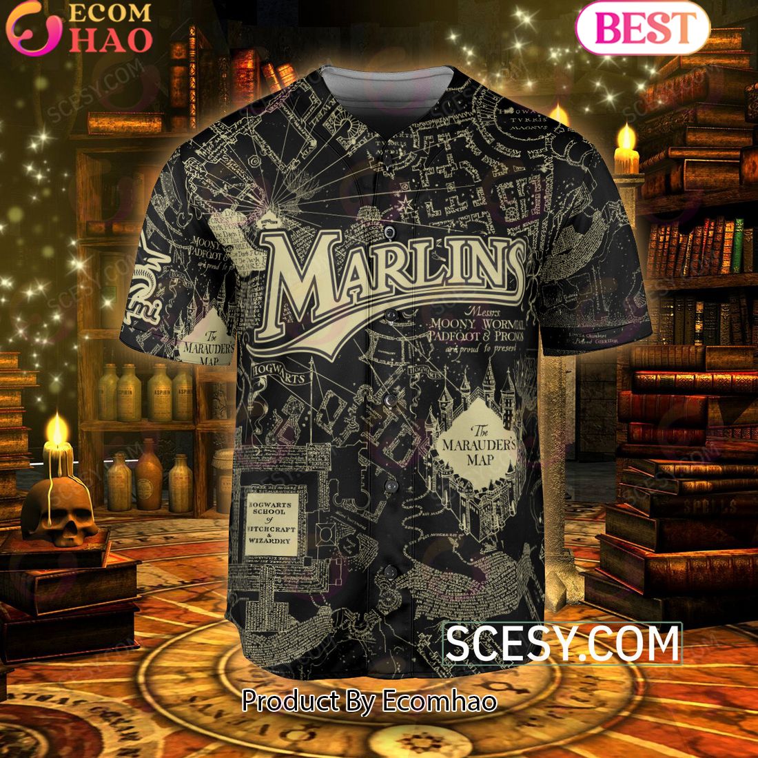 Miami Marlins Harry Potter Marauder’s Map Baseball Jersey Black