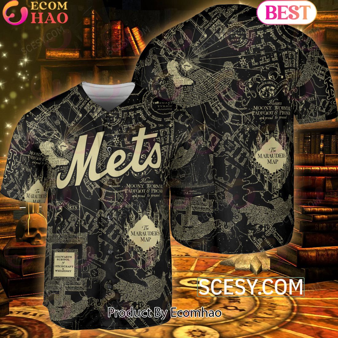 New York Mets Harry Potter Marauder’s Map Baseball Jersey Black