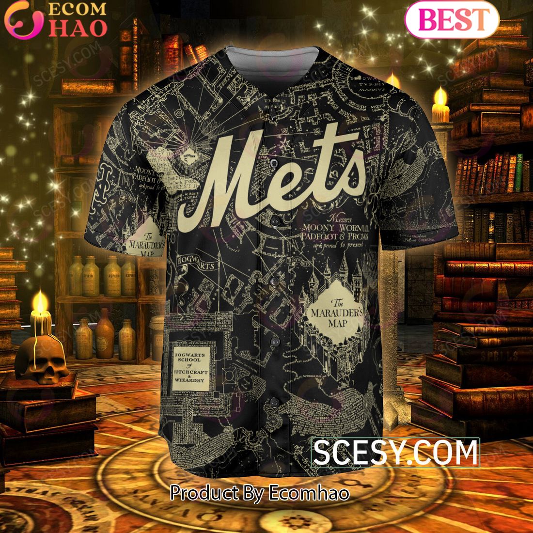 New York Mets Harry Potter Marauder’s Map Baseball Jersey Black