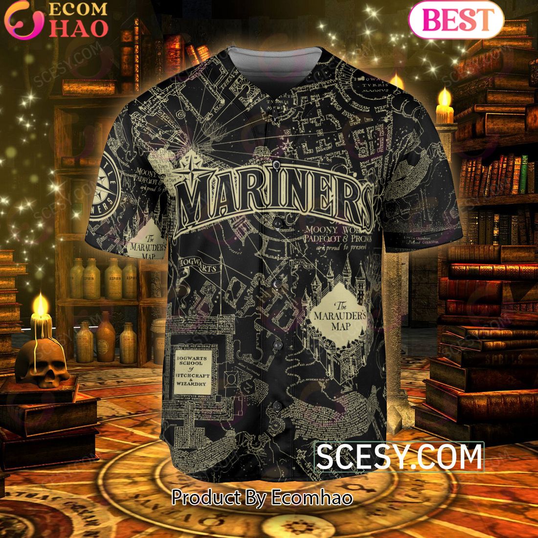 Seattle Mariners Harry Potter Marauder’s Map Baseball Jersey Black