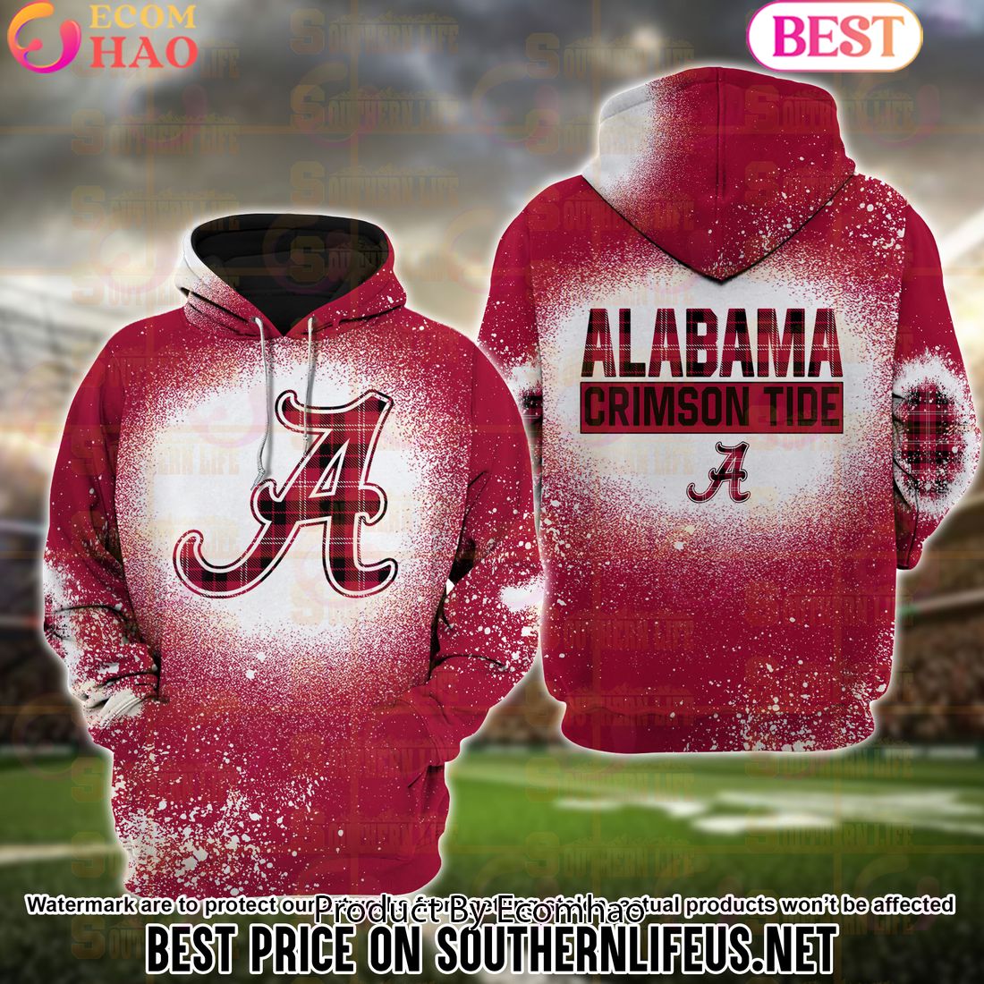 NCAA Alabama Crimson Tide Football Plaid Bleached 3D Hoodie