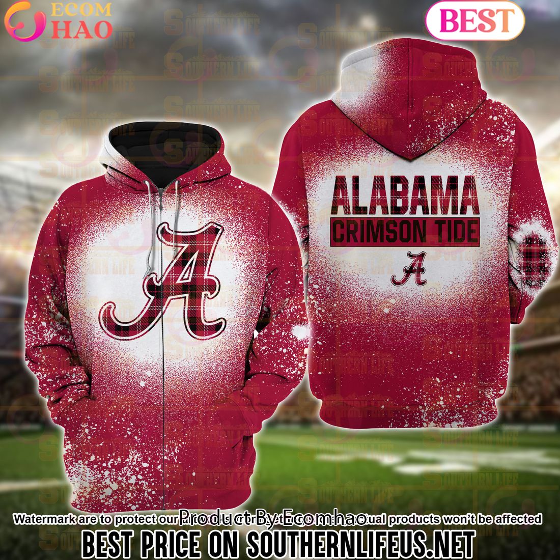 NCAA Alabama Crimson Tide Football Plaid Bleached 3D Hoodie