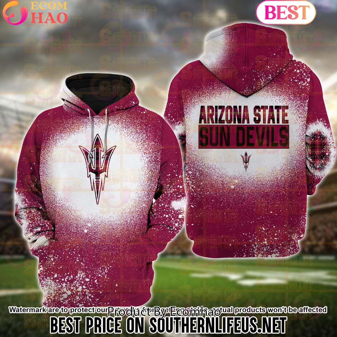 NCAA Arizona State Sun Devils Football Plaid Bleached 3D Hoodie