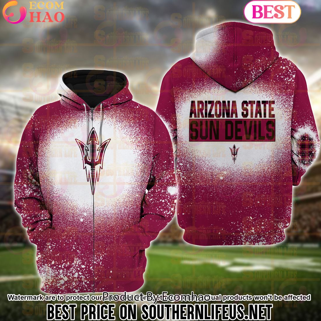 NCAA Arizona State Sun Devils Football Plaid Bleached 3D Hoodie