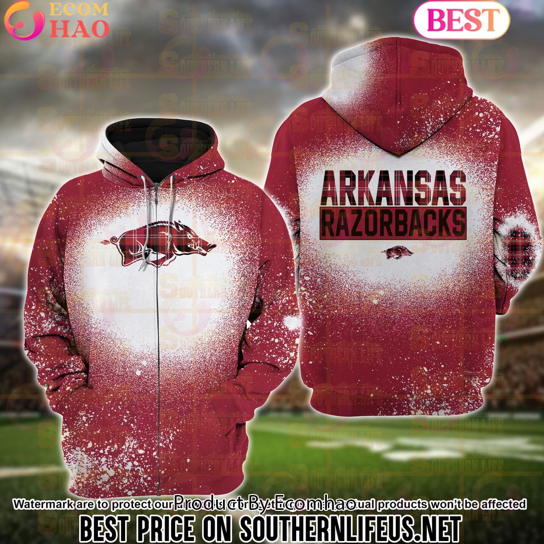 NCAA Arkansas Razorbacks Football Plaid Bleached 3D Hoodie