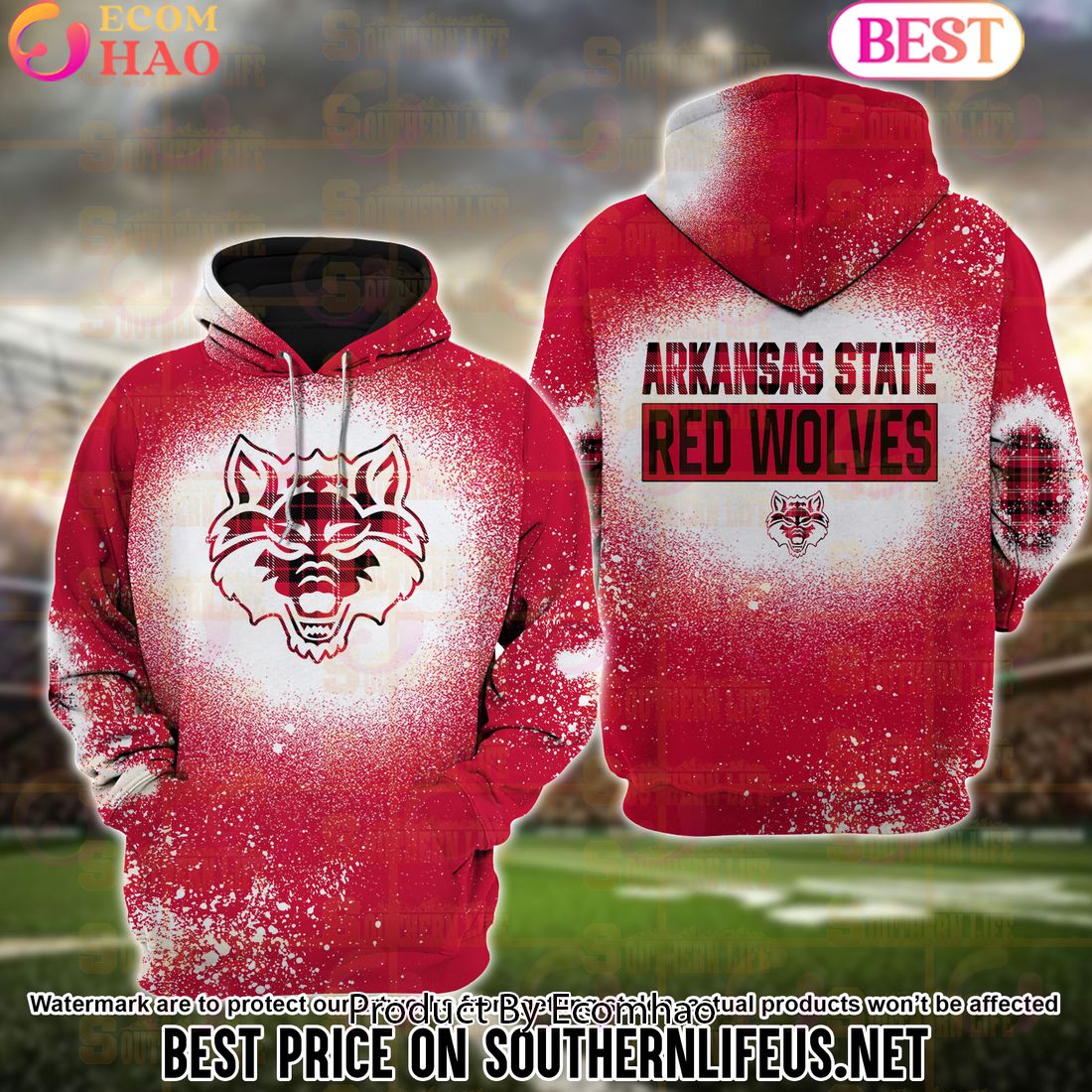 NCAA Arkansas State Red Wolves Football Plaid Bleached 3D Hoodie