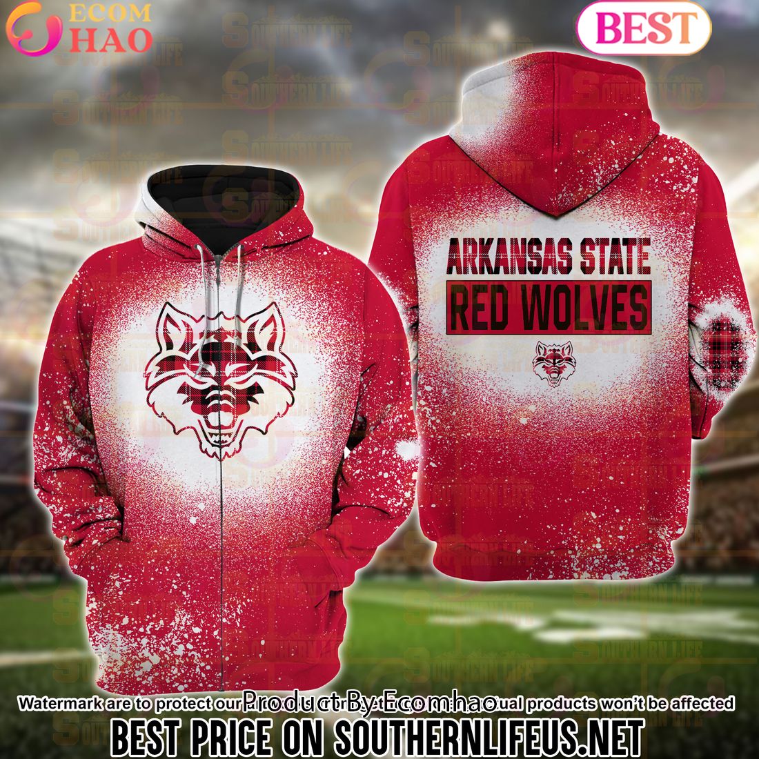 NCAA Arkansas State Red Wolves Football Plaid Bleached 3D Hoodie