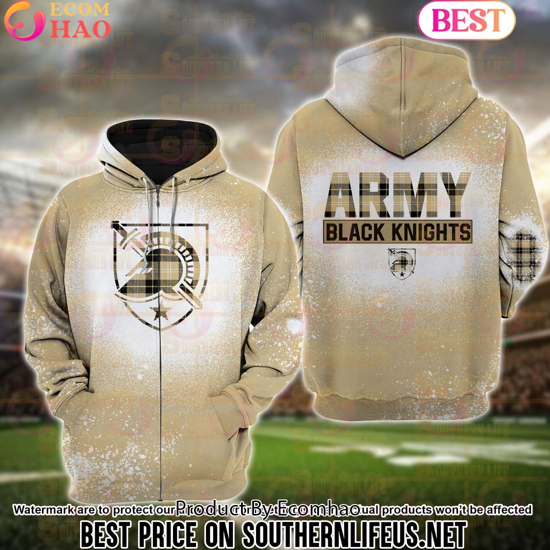 NCAA Army Black Knights Football Plaid Bleached 3D Hoodie