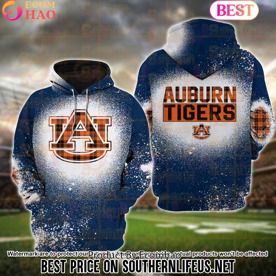 NCAA Auburn Tigers Football Plaid Bleached 3D Hoodie