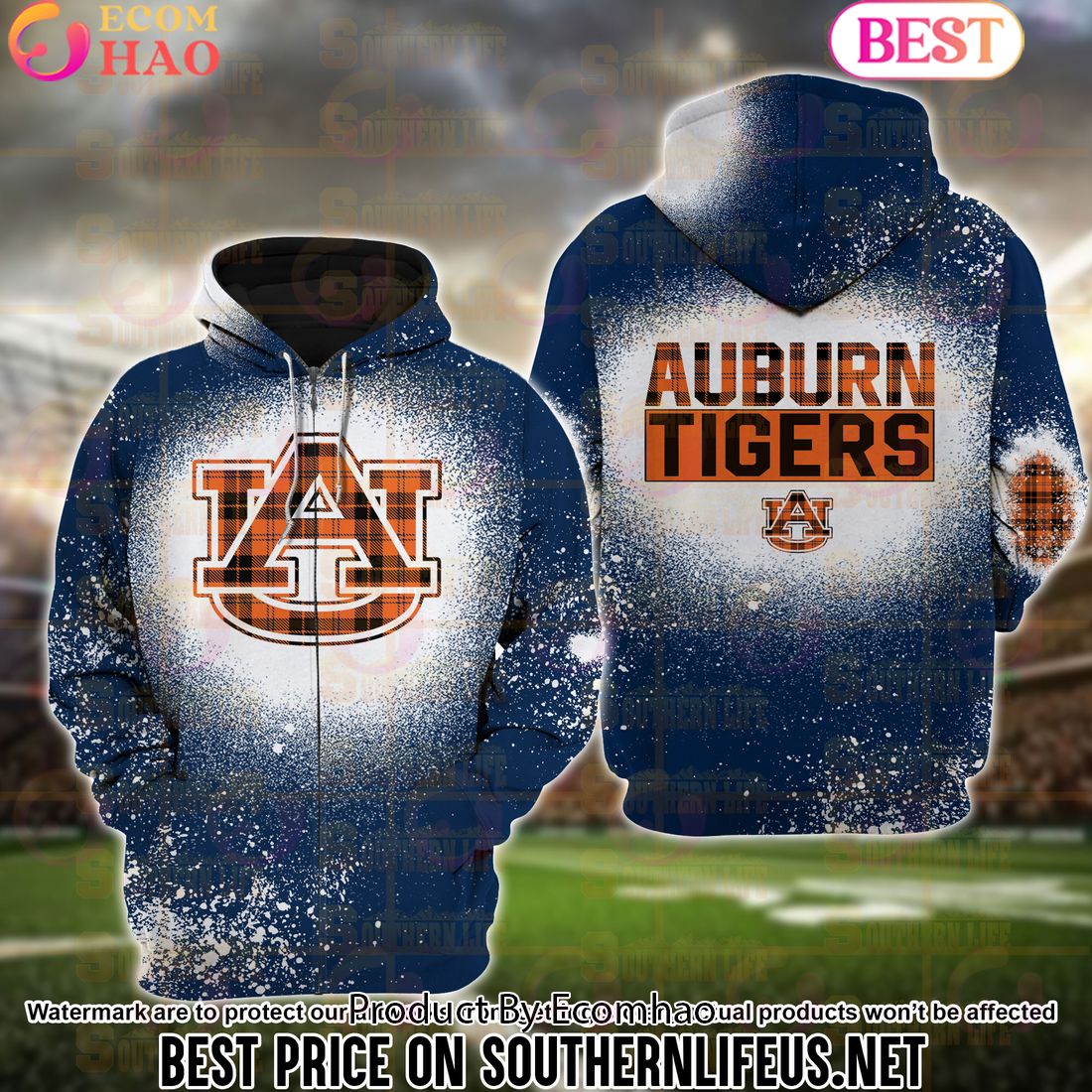 NCAA Auburn Tigers Football Plaid Bleached 3D Hoodie