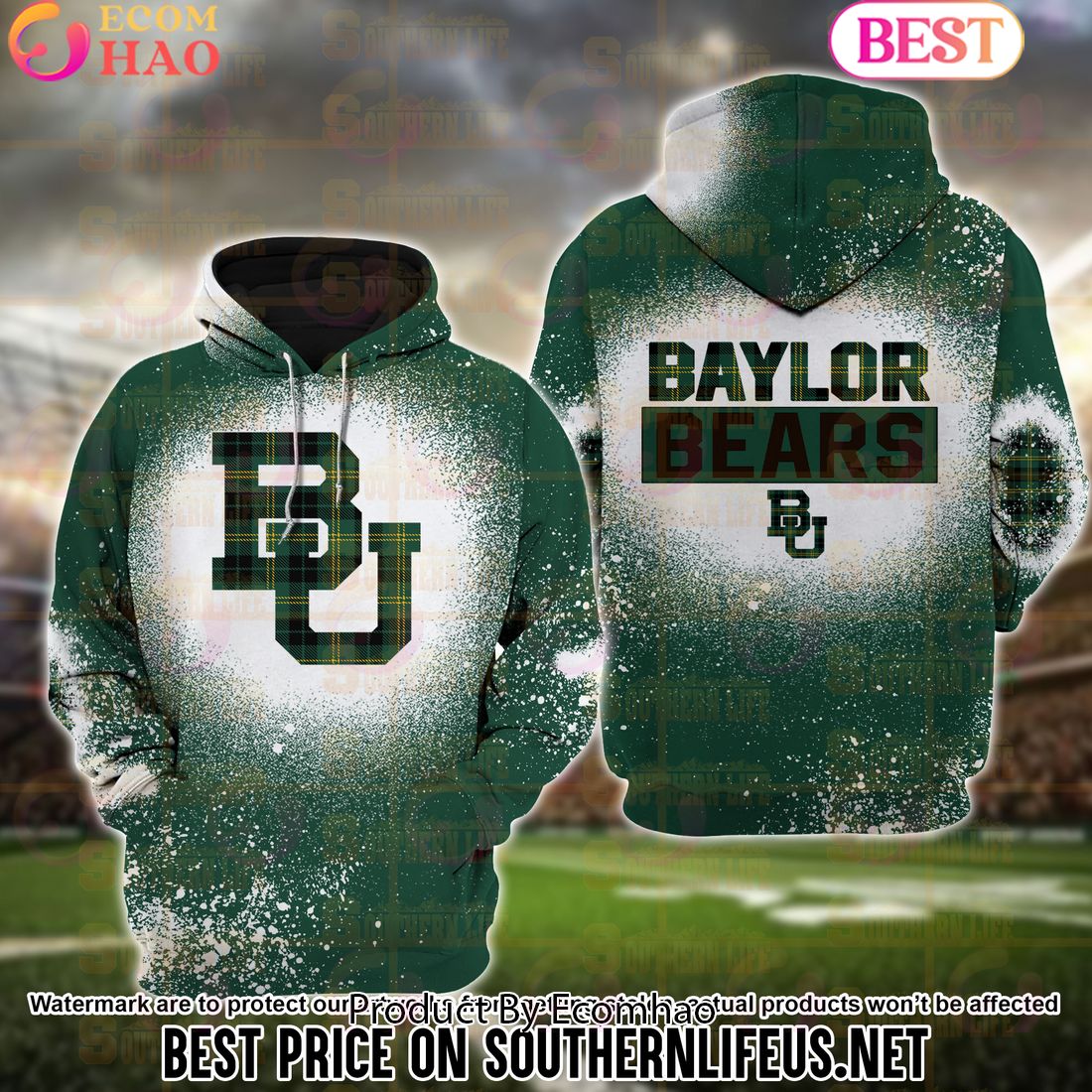 NCAA Baylor Bears Football Plaid Bleached 3D Hoodie