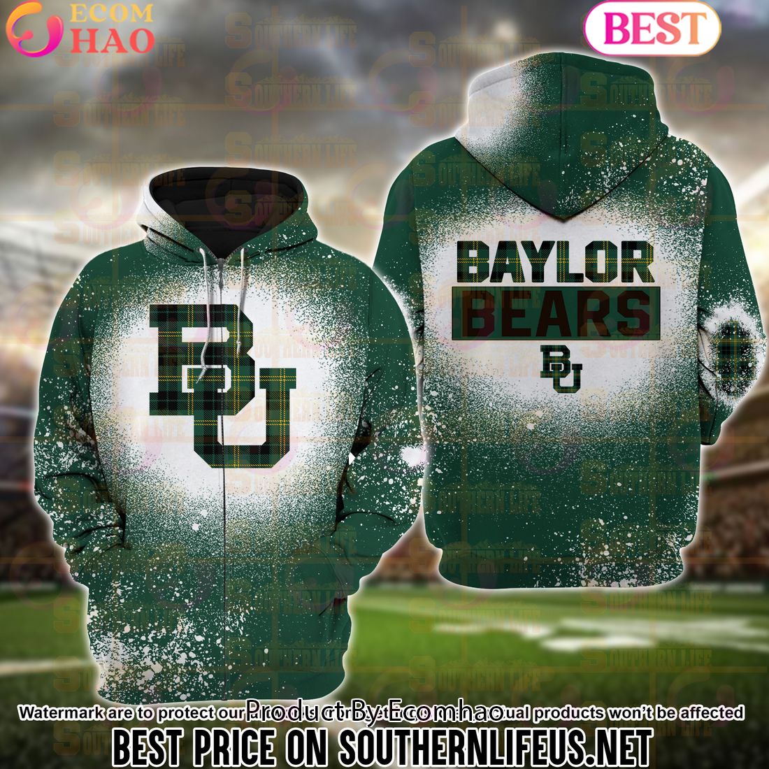 NCAA Baylor Bears Football Plaid Bleached 3D Hoodie