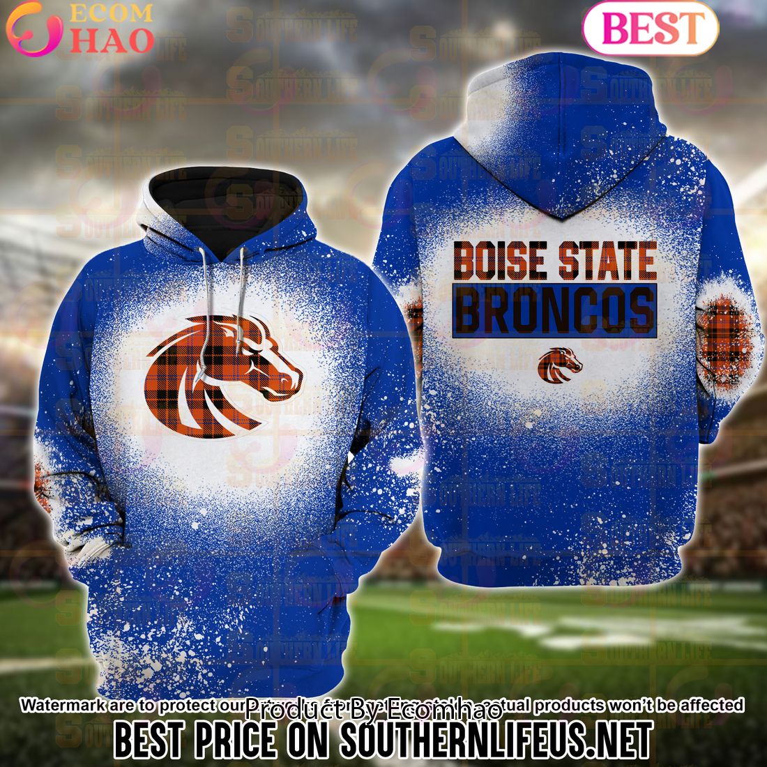 NCAA Boise State Broncos Football Plaid Bleached 3D Hoodie