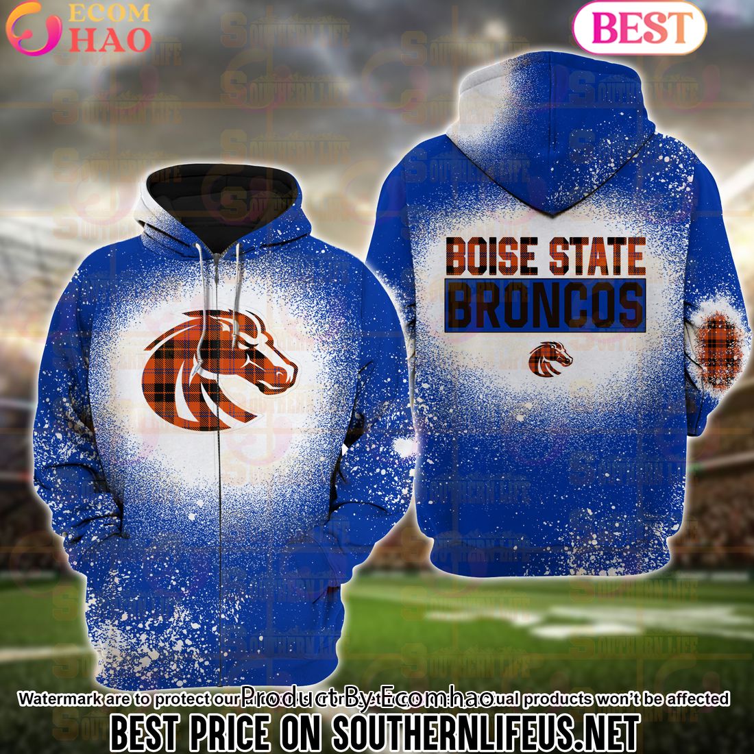 NCAA Boise State Broncos Football Plaid Bleached 3D Hoodie