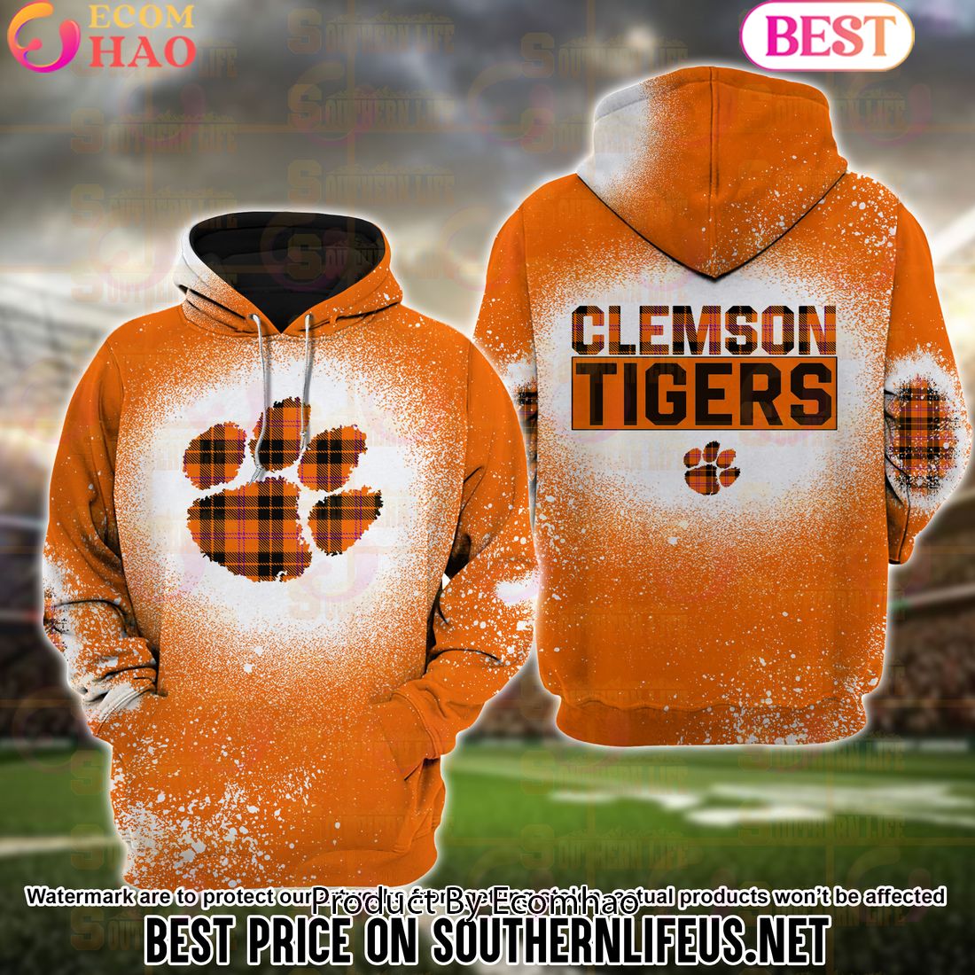 NCAA Clemson Tigers Football Plaid Bleached 3D Hoodie