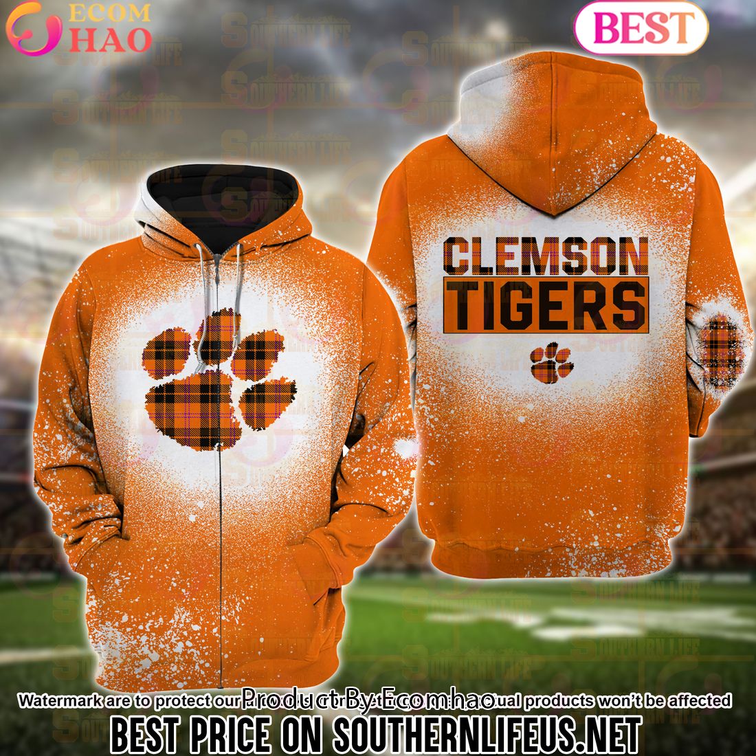 NCAA Clemson Tigers Football Plaid Bleached 3D Hoodie