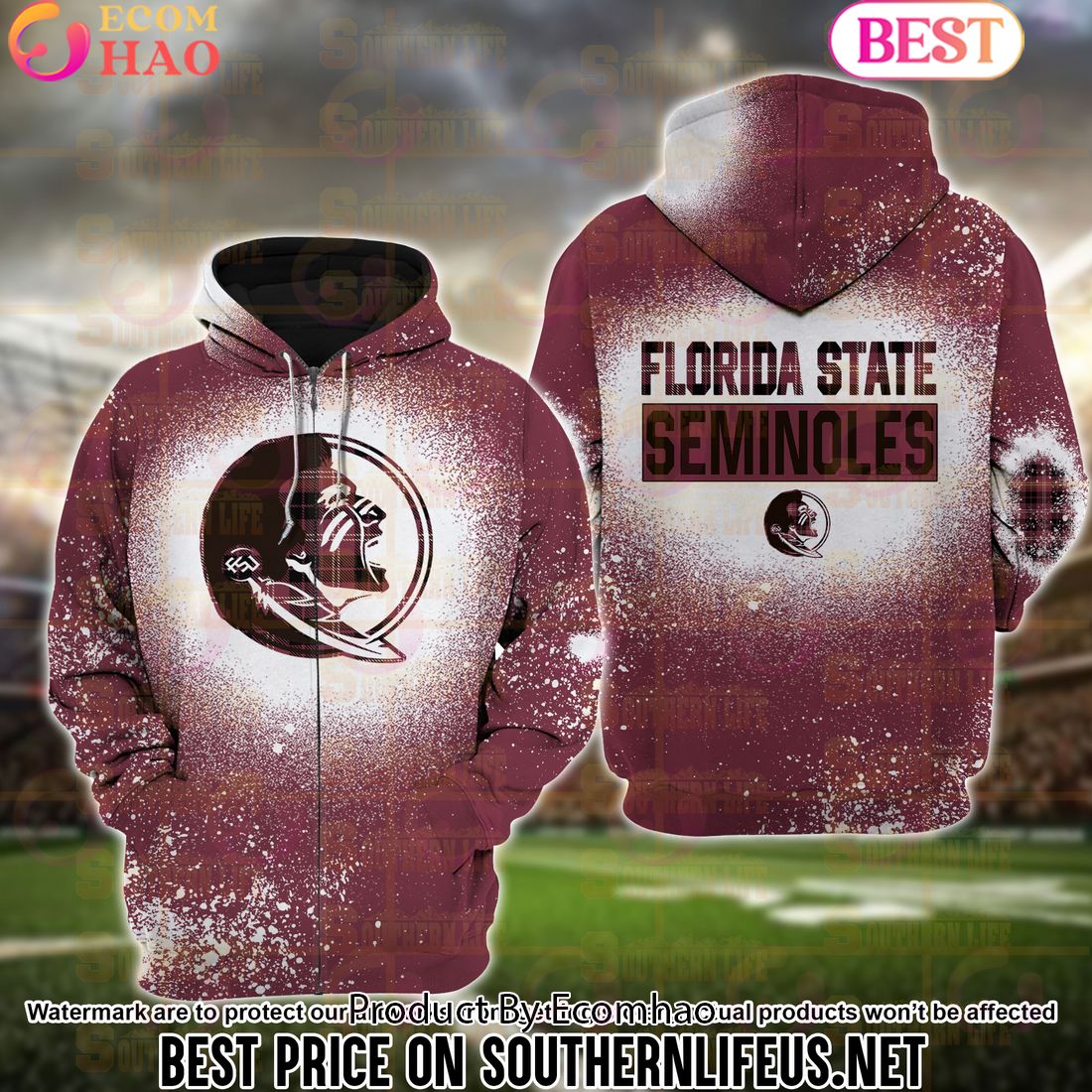 NCAA Florida State Seminoles Football Plaid Bleached 3D Hoodie