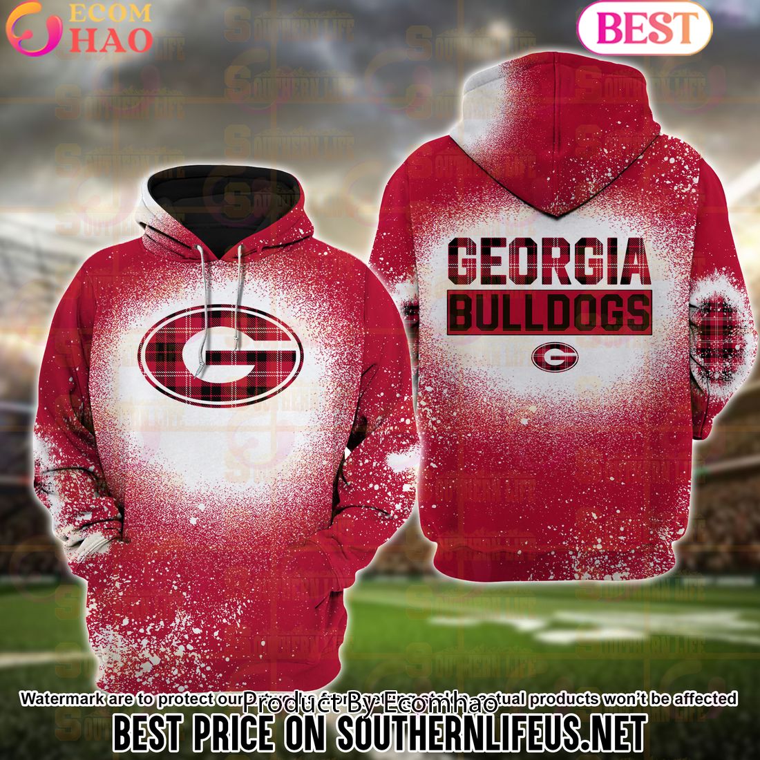 NCAA Georgia Bulldogs Football Plaid Bleached 3D Hoodie