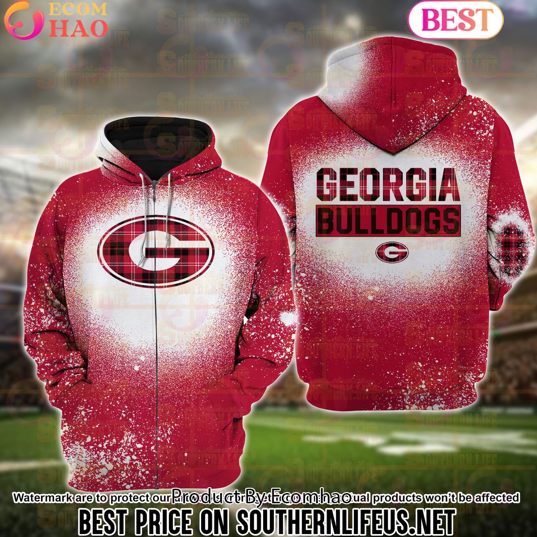 NCAA Georgia Bulldogs Football Plaid Bleached 3D Hoodie