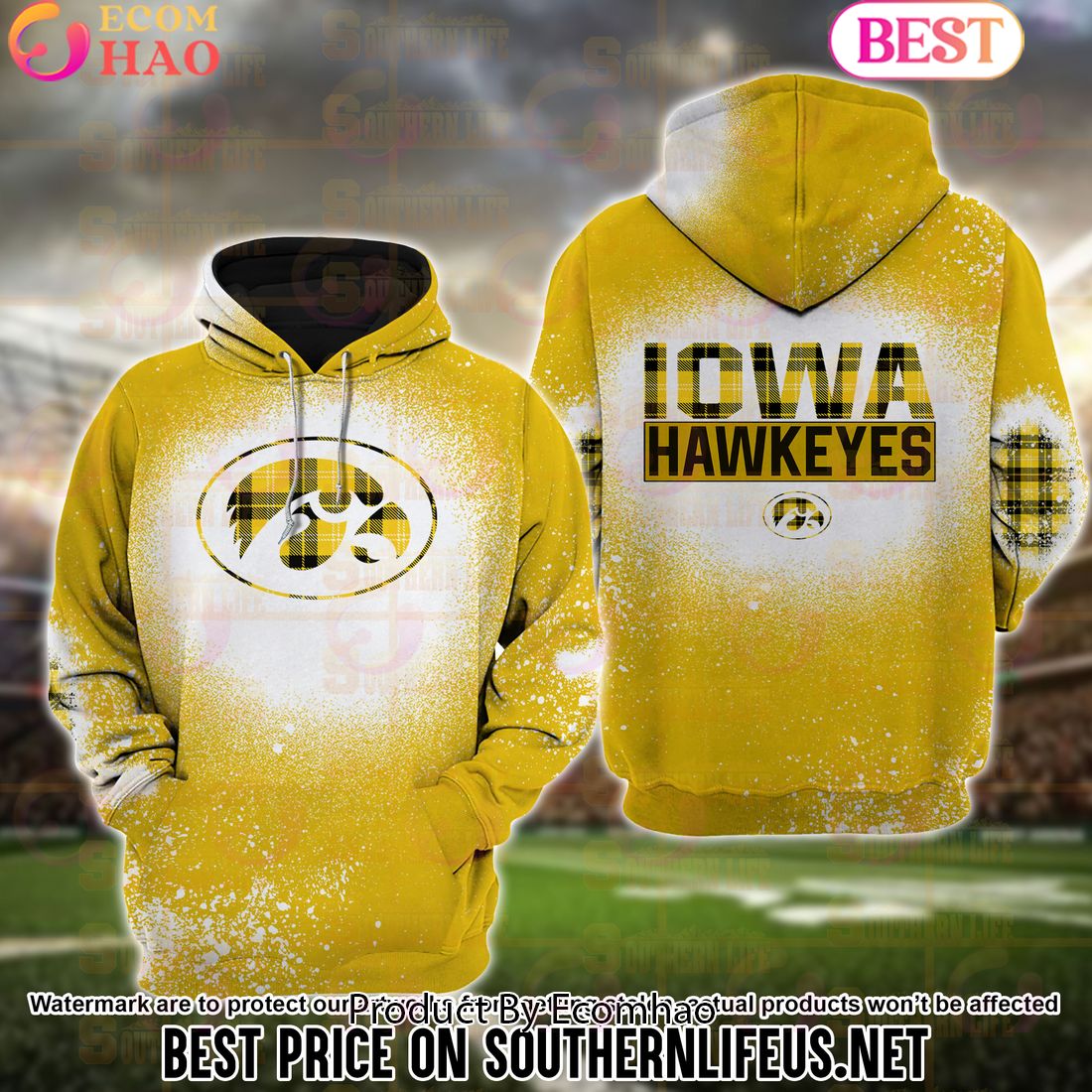 NCAA Iowa Hawkeyes Football Plaid Bleached 3D Hoodie