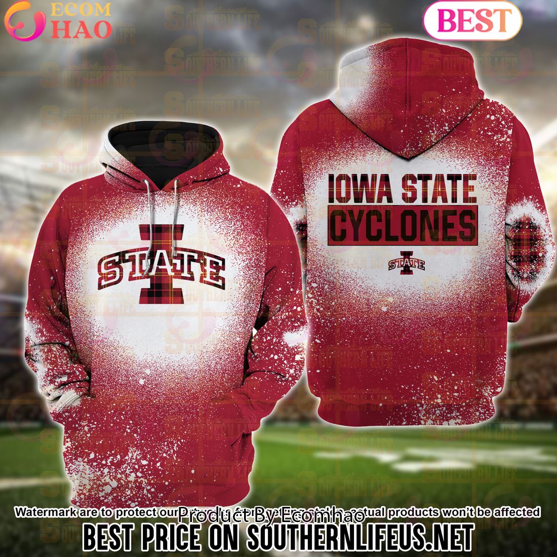 NCAA Iowa State Cyclones Football Plaid Bleached 3D Hoodie