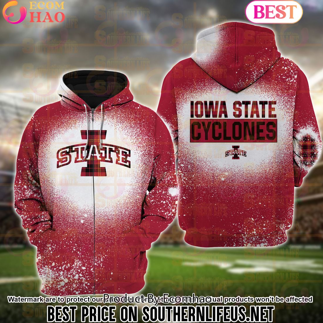 NCAA Iowa State Cyclones Football Plaid Bleached 3D Hoodie