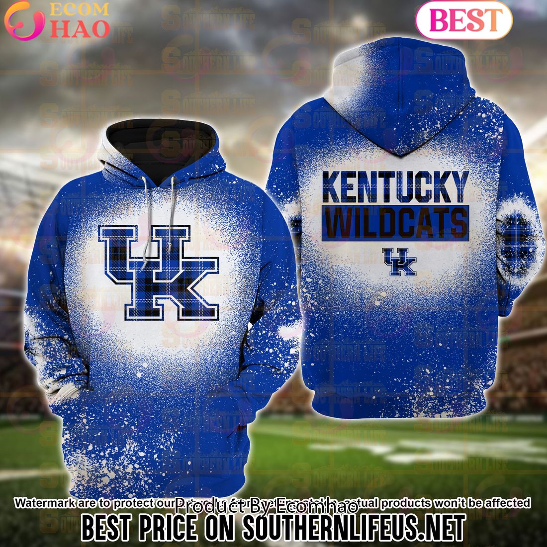 NCAA Kentucky Wildcats Football Plaid Bleached 3D Hoodie