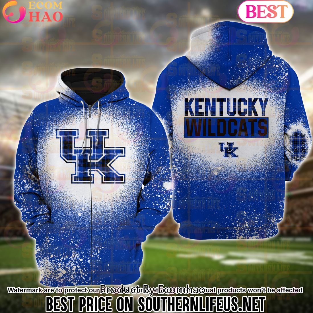 NCAA Kentucky Wildcats Football Plaid Bleached 3D Hoodie