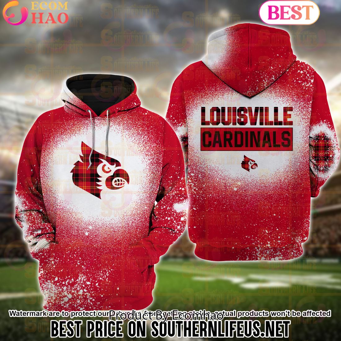 NCAA Louisville Cardinals Football Plaid Bleached 3D Hoodie